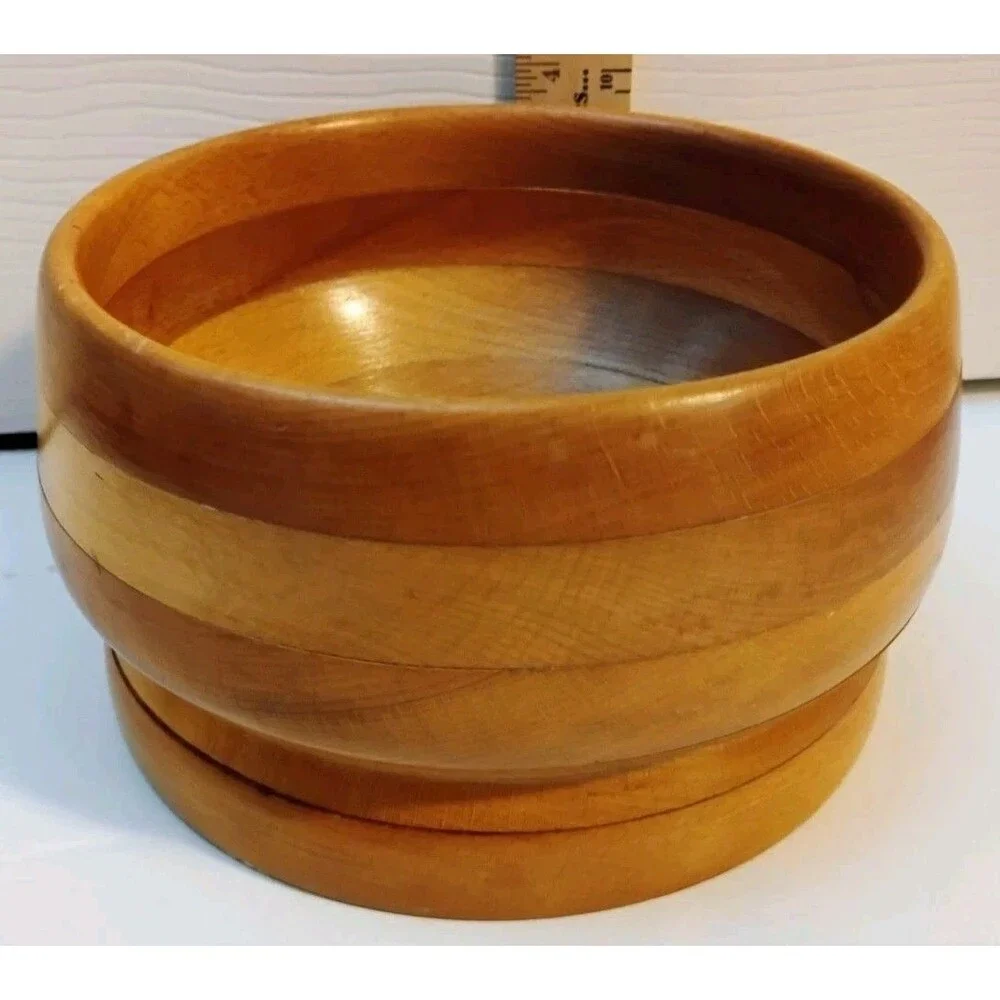 Vintage Mid Century Segmented Wooden Bowl Laminated Wood Layered Base 6.5